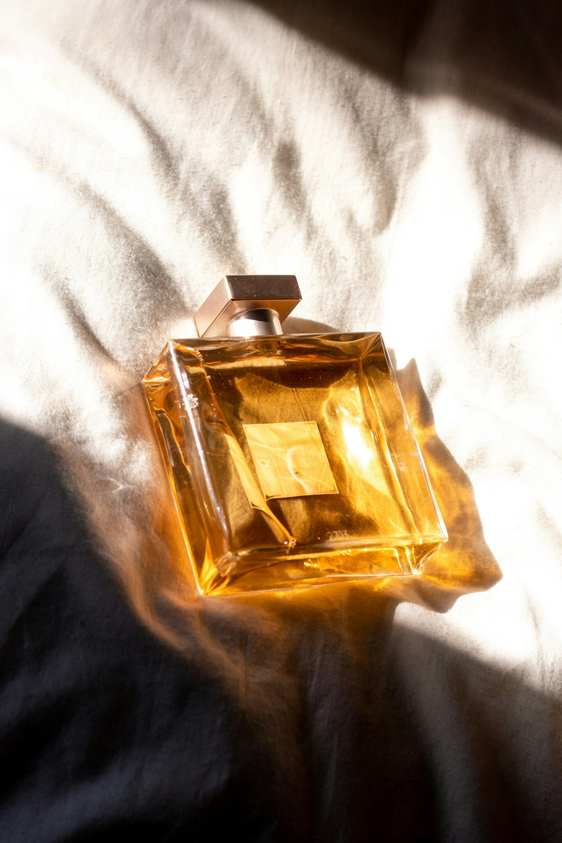 Perfume bottle catching soft golden light on a vanity
