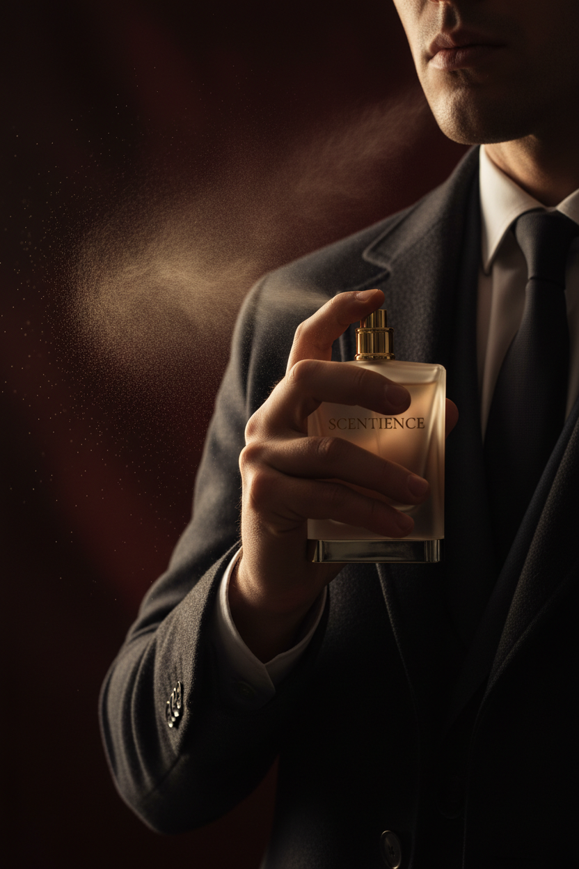 Man applying Scentience long-lasting perfume for men