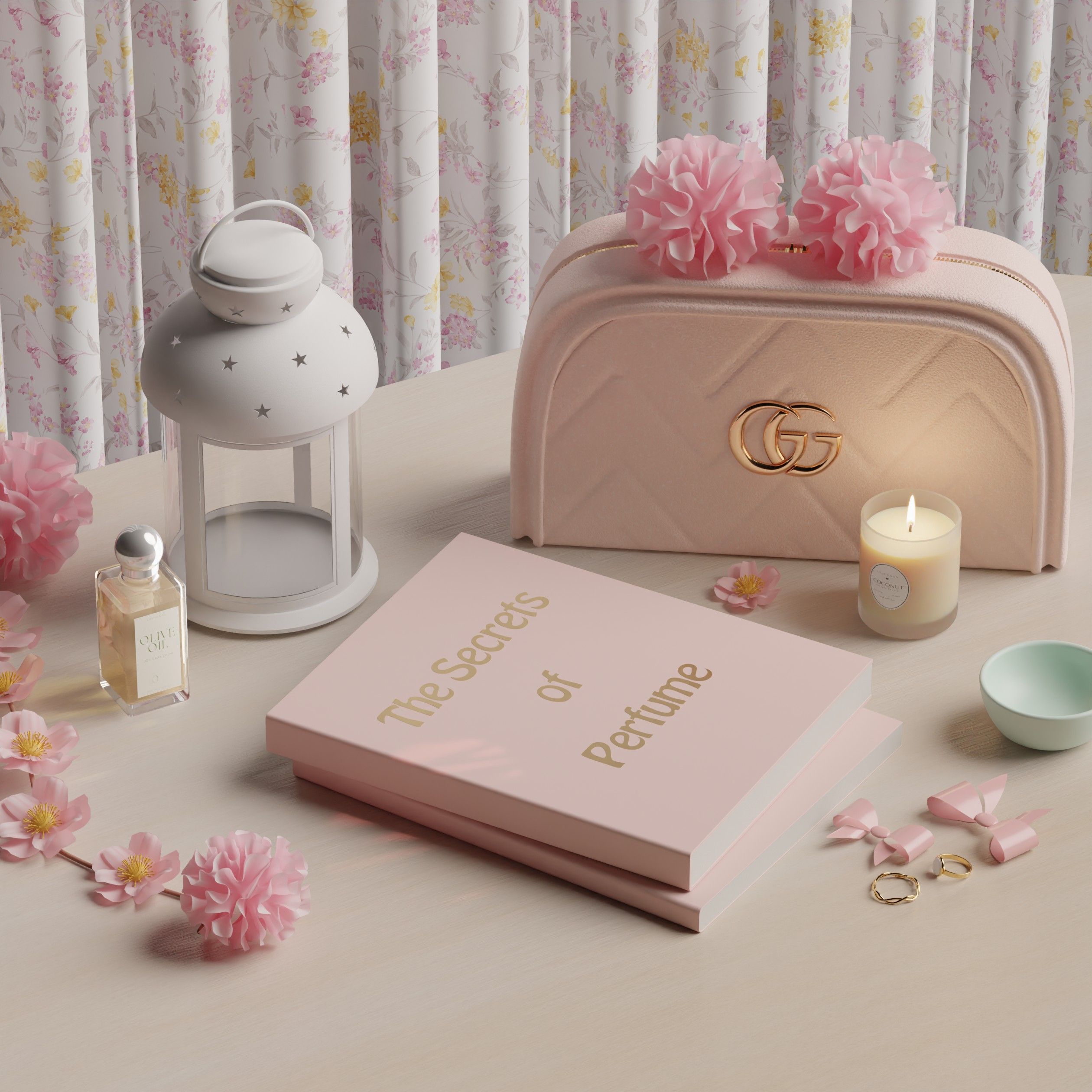 Chic lifestyle flat lay with perfume and accessories