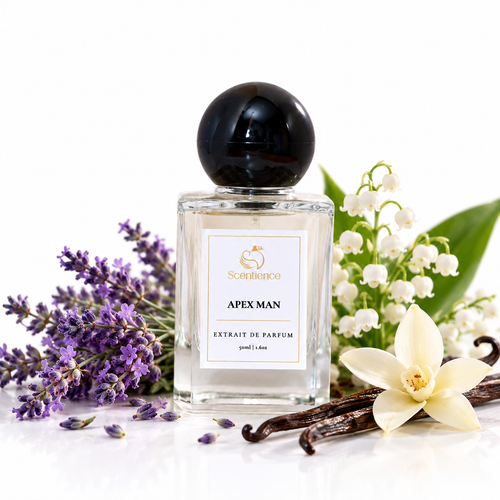 Scentience Apex Man Extrait de Parfum 50ml bottle with lavender, lily of the valley and vanilla on white