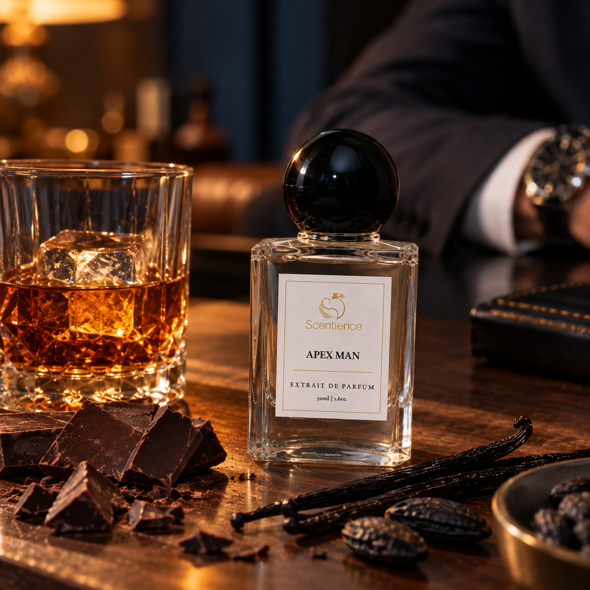 Scentience Apex Man Extrait de Parfum 50ml bottle with a glass of whisky, dark chocolate and vanilla pods on a bar counter