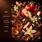 Apex Man fragrance notes: apple, cinnamon, orange blossom, vanilla and amber, shown on dark brown