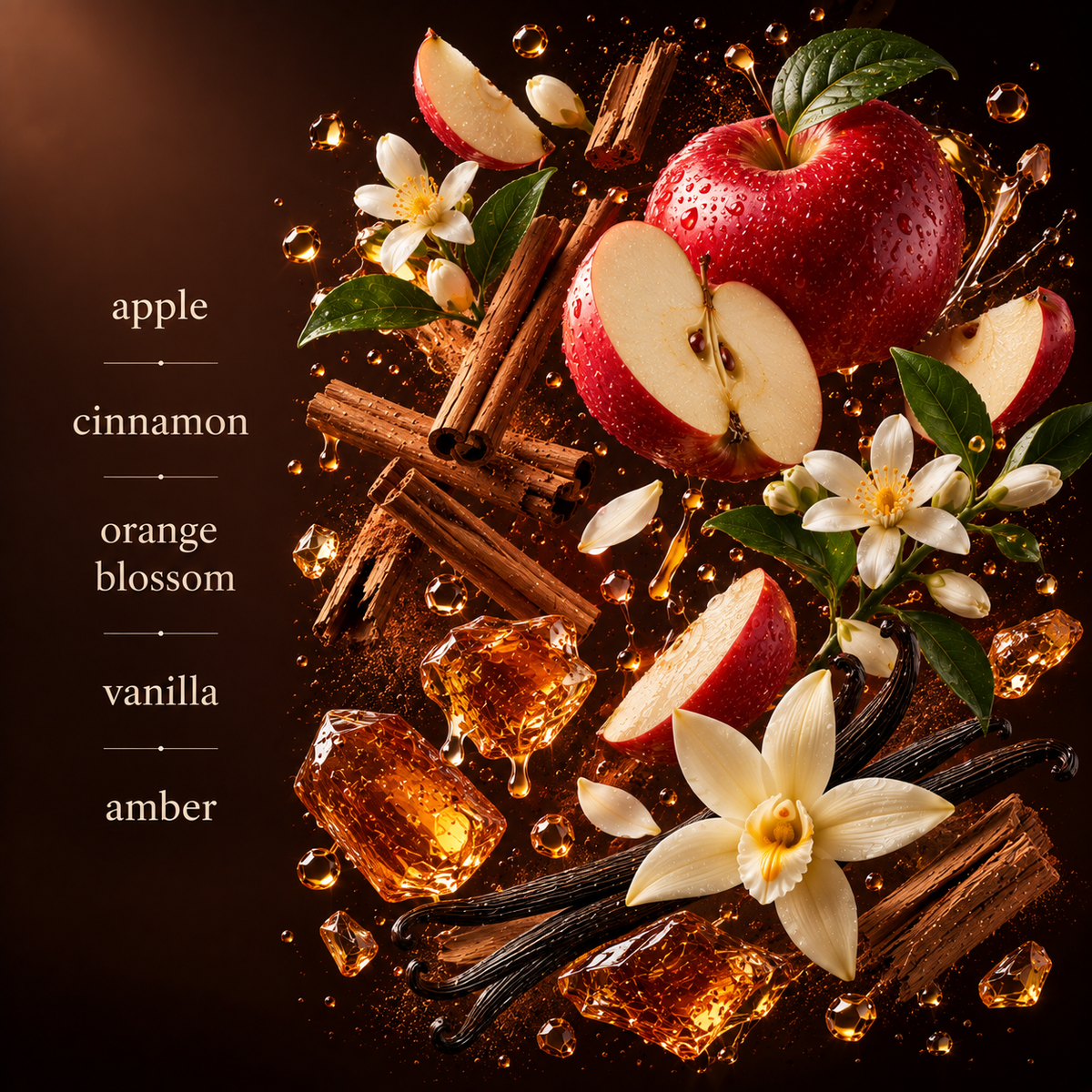 Apex Man fragrance notes: apple, cinnamon, orange blossom, vanilla and amber, shown on dark brown
