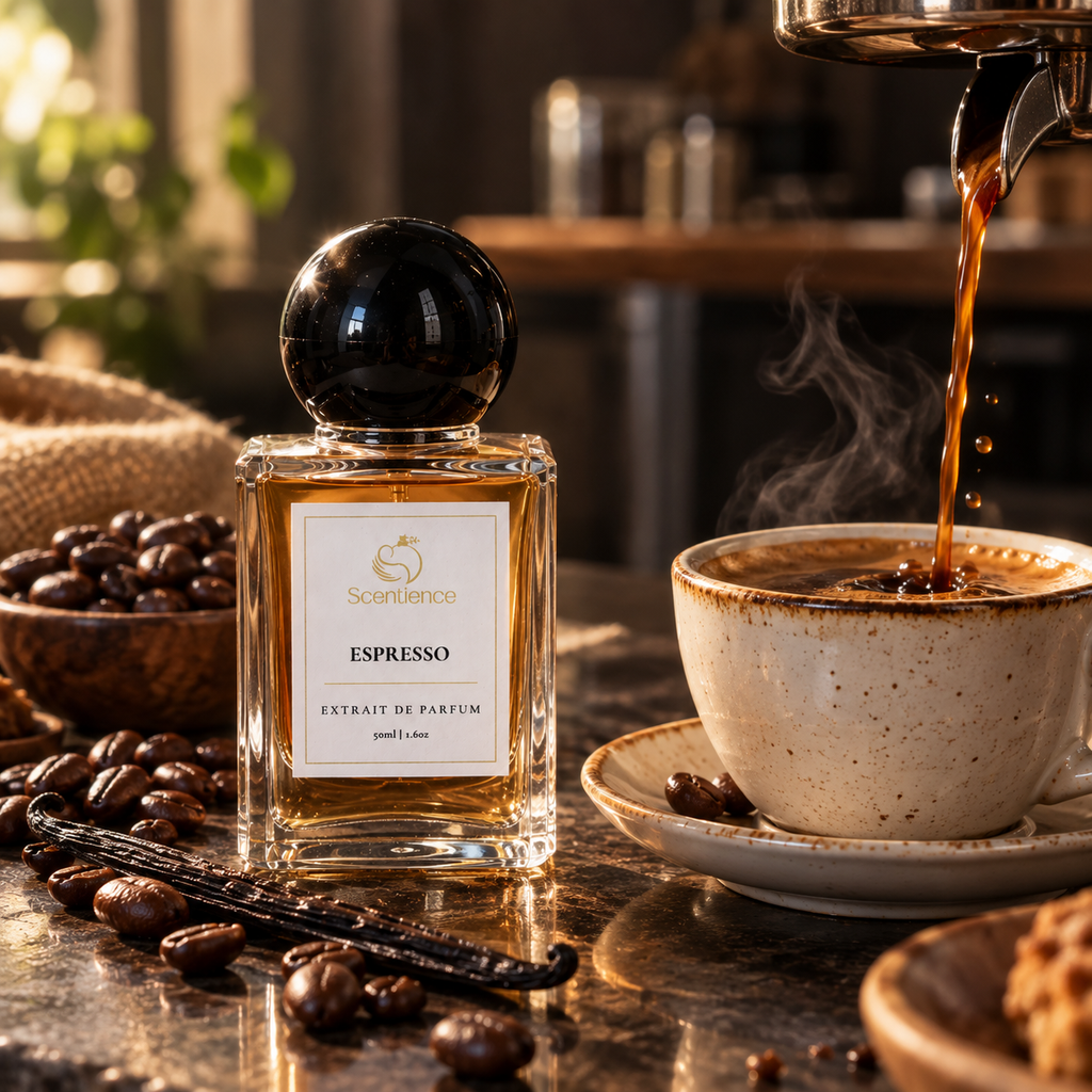 Scentience Espresso Extrait de Parfum 50ml bottle beside a cup of coffee, coffee beans and vanilla pods with espresso pouring in the background