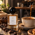 Scentience Espresso Extrait de Parfum 50ml bottle beside a cup of coffee, coffee beans and vanilla pods with espresso pouring in the background