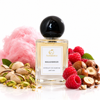 Scentience Malai Khulfi Extrait de Parfum 50ml bottle with pistachios, hazelnuts, raspberries and pink cotton candy on white