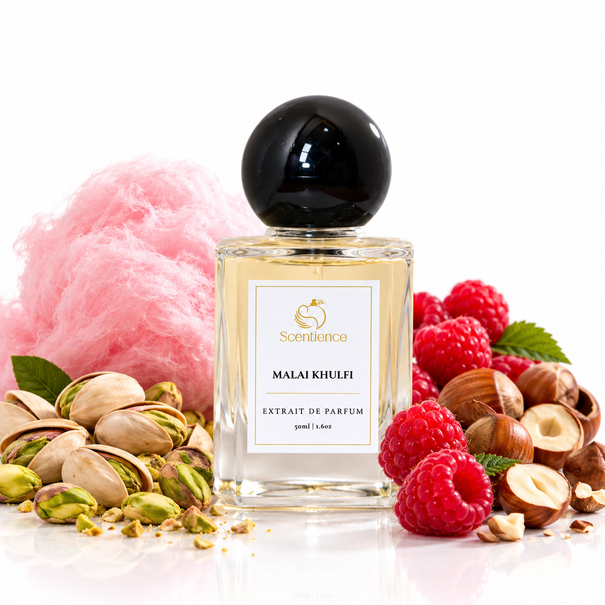 Scentience Malai Khulfi Extrait de Parfum 50ml bottle with pistachios, hazelnuts, raspberries and pink cotton candy on white