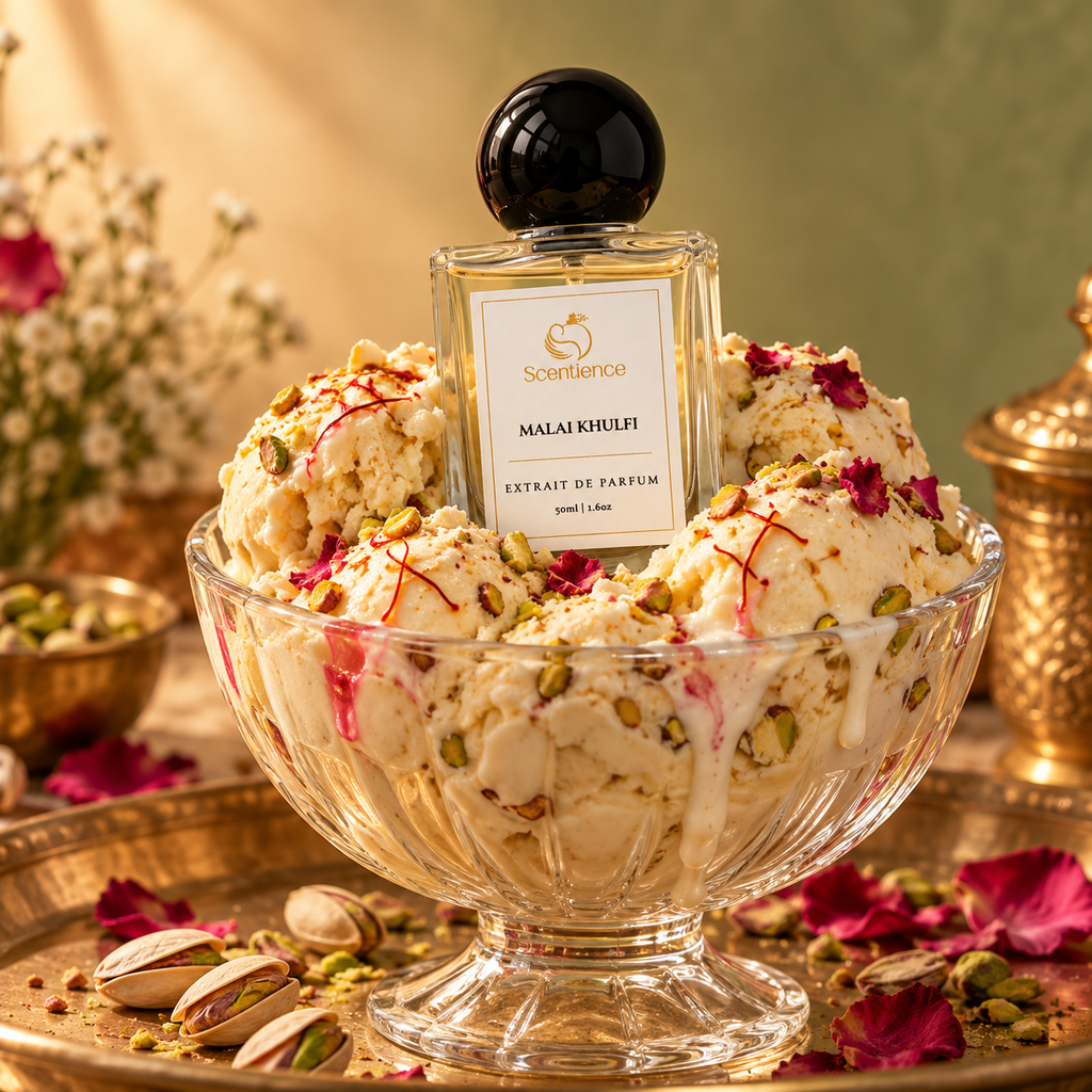 Scentience Malai Khulfi Extrait de Parfum 50ml bottle standing in a glass bowl of pistachio kulfi with rose petals and a brass tray