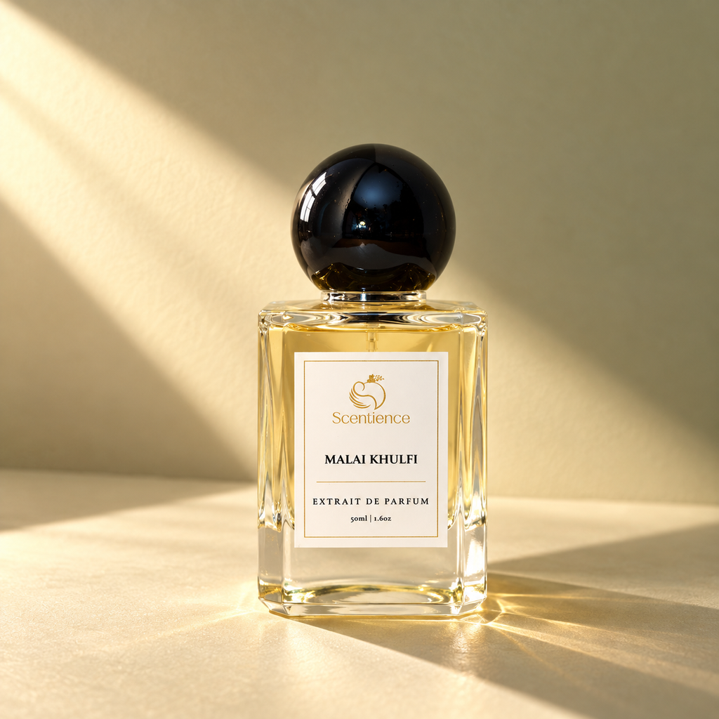Scentience Malai Khulfi Extrait de Parfum 50ml bottle in soft cream studio light