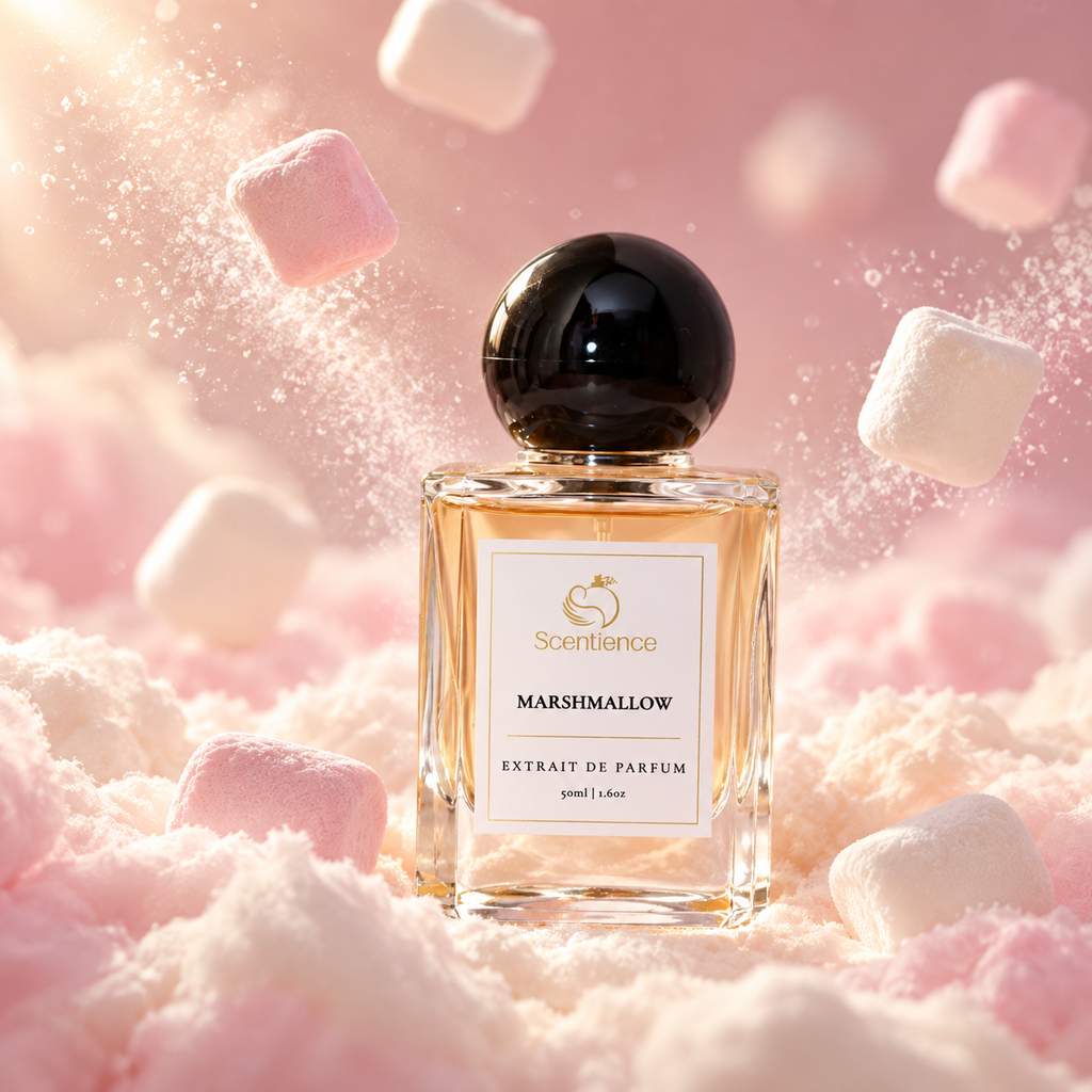 Scentience Marshmallow Extrait de Parfum 50ml bottle among soft pink clouds and floating marshmallows