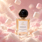 Scentience Marshmallow Extrait de Parfum 50ml bottle among soft pink clouds and floating marshmallows