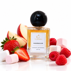 Scentience Marshmallow Extrait de Parfum 50ml bottle with strawberries, raspberries, apple slices and pink marshmallows on white