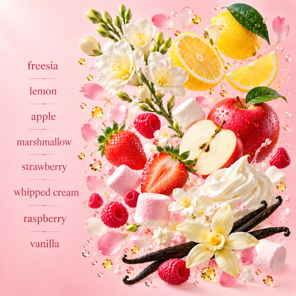 Marshmallow fragrance notes: freesia, lemon, apple, marshmallow, strawberry, whipped cream, raspberry and vanilla, shown on pink