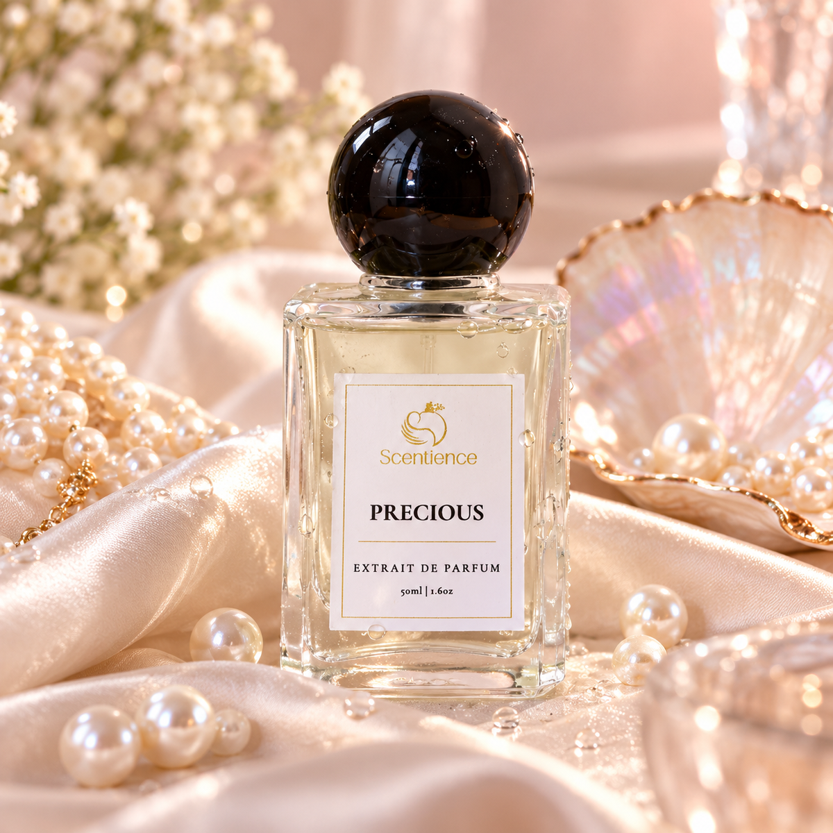 Scentience Precious Extrait de Parfum 50ml bottle on cream silk with pearls, a seashell and white flowers