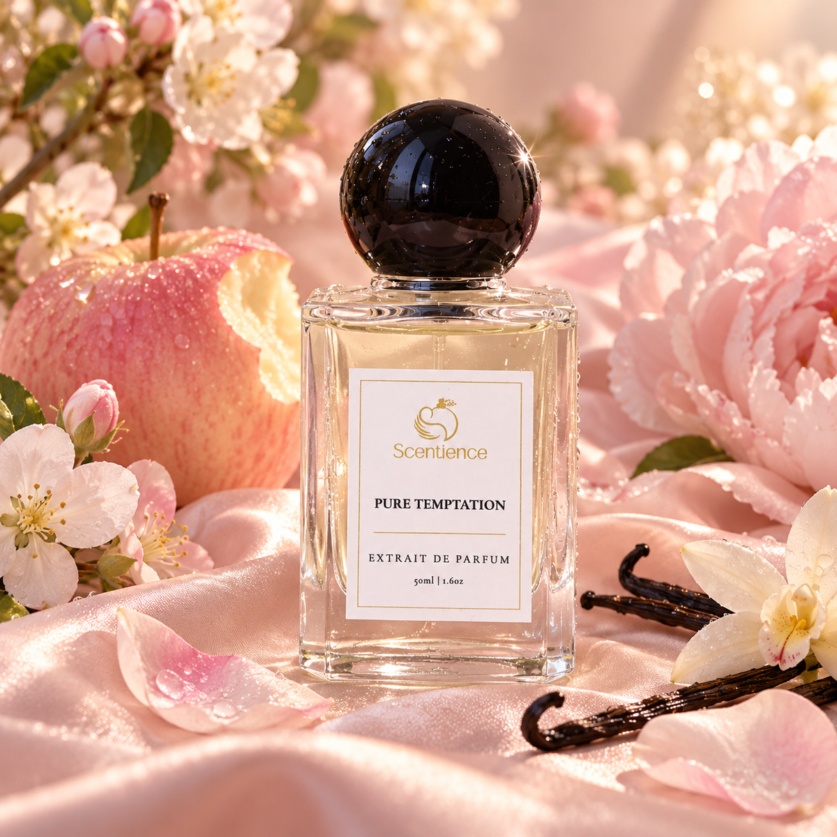 Scentience Pure Temptation Extrait de Parfum 50ml bottle on pink satin with apple, white blossoms, roses and vanilla pods