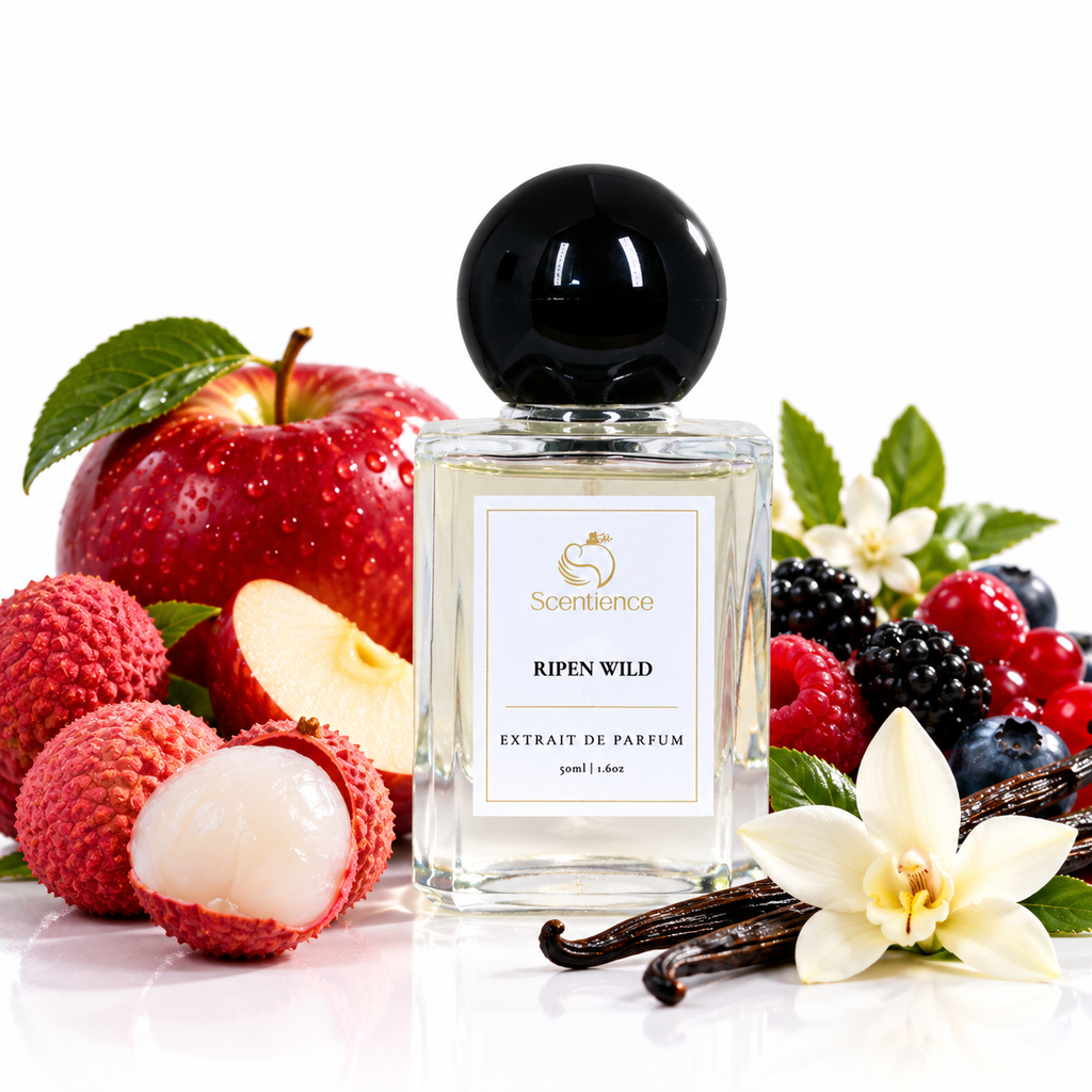 Scentience Ripen Wild Extrait de Parfum 50ml bottle with red apple, litchi, mixed berries and vanilla flower on white