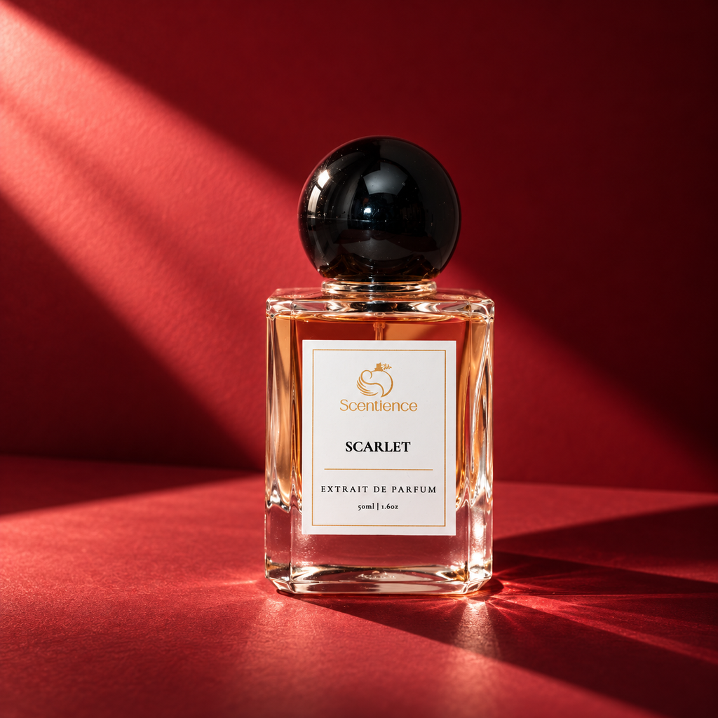 Scentience Scarlet Extrait de Parfum 50ml bottle against a deep red background with dramatic light