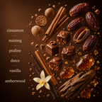 Scentience Coffee Crush extrait de parfum fragrance notes of cinnamon, nutmeg, praline, dates, vanilla, and amberwood displayed as a flatlay ingredient graphic on a dark brown background.