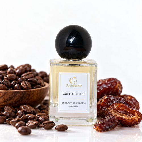 Scentience Coffee Crush extrait de parfum 50ml bottle beside coffee beans and dates on a white background