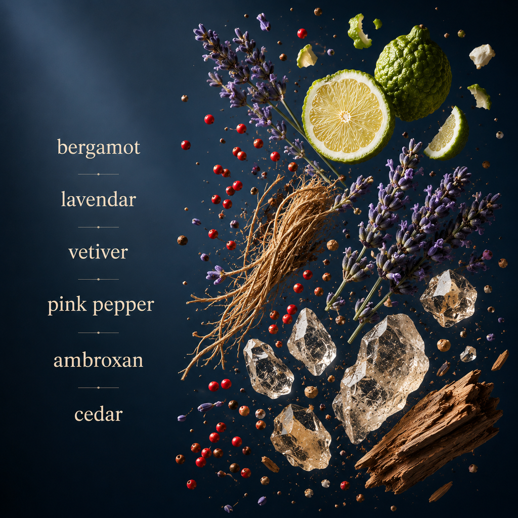 A flatlay of the fragrance notes behind Scentience Dark Horse extrait de parfum, including bergamot, lavender, vetiver, pink pepper, ambroxan, and cedar, arranged against a dark navy background.