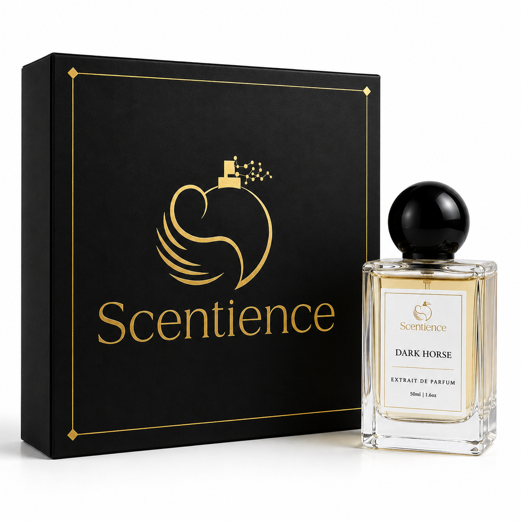 A 50ml bottle of Scentience Dark Horse extrait de parfum displayed beside its black gift box with gold Scentience branding on a white studio background.