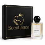 A 50ml bottle of Scentience Dark Horse extrait de parfum displayed beside its black gift box with gold Scentience branding on a white studio background.