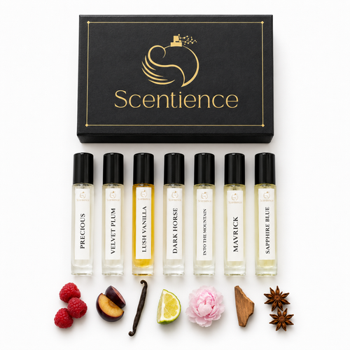 Scentience Discovery Set: black gift box above seven roll-on fragrance vials with their ingredients