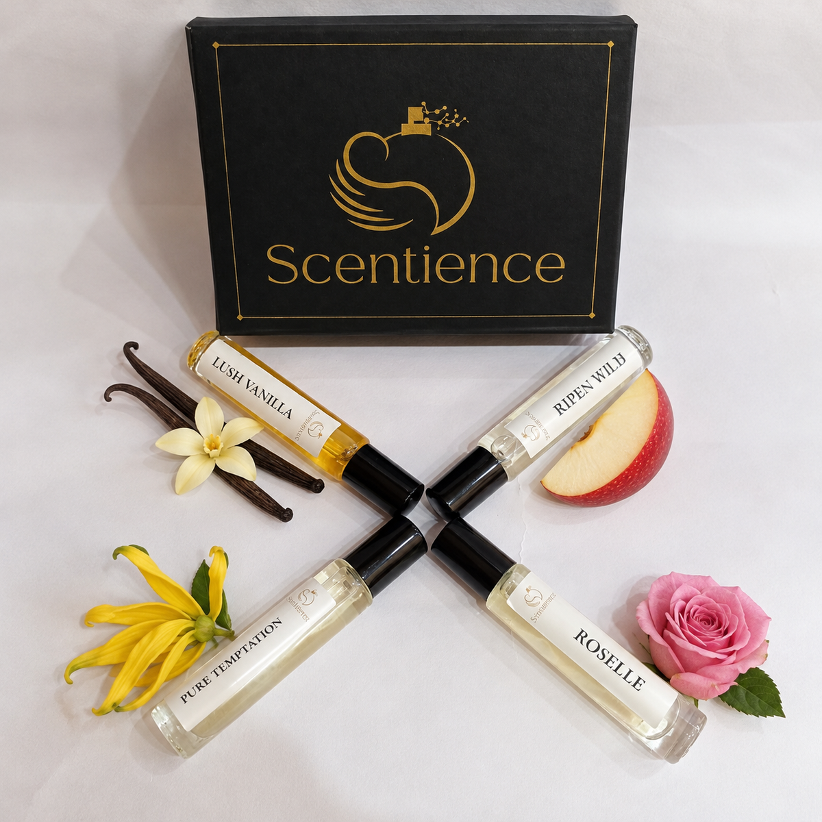 Scentience Discovery Set Floral Collection with four 15ml Extrait de Parfum roll-on vials: Pure Temptation, Lush Vanilla, Roselle and Ripen Wild