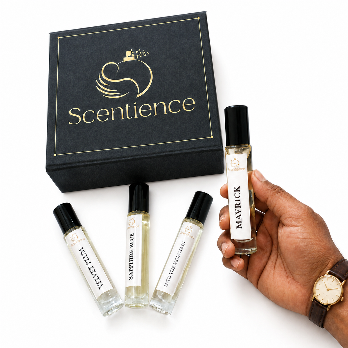 Scentience Discovery Set for him: black gift box with four roll-on fragrance vials, including Mavrick