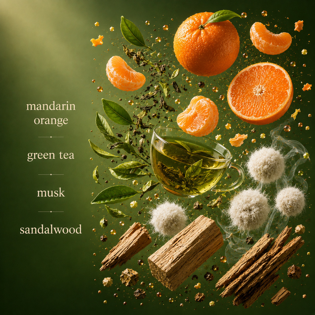 Scentience Into the Mountain extrait de parfum fragrance notes of mandarin orange, green tea, musk, and sandalwood arranged as a flatlay ingredient graphic on a dark green background.