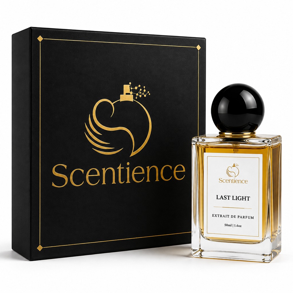 A bottle of Scentience Last Light extrait de parfum displayed beside its black and gold branded gift box on a white studio background.