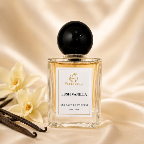 A bottle of Scentience Lush Vanilla extrait de parfum stands on a draped champagne satin background with vanilla flowers and beans as props.