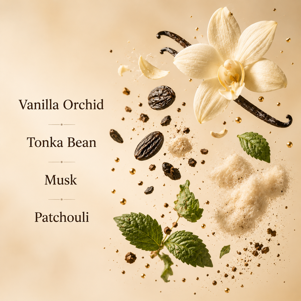 A flatlay of Scentience Lush Vanilla's vanilla orchid, tonka bean, musk, and patchouli notes scattered over a warm beige background beside their fragrance labels.