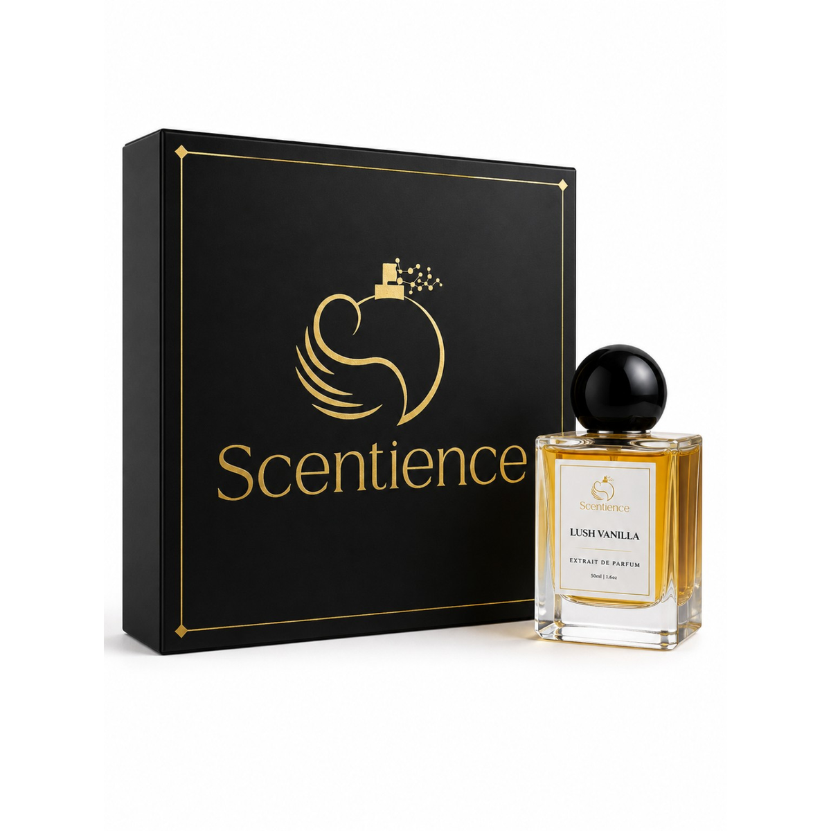 A bottle of Scentience Lush Vanilla extrait de parfum displayed beside its black and gold branded gift box on a white background.