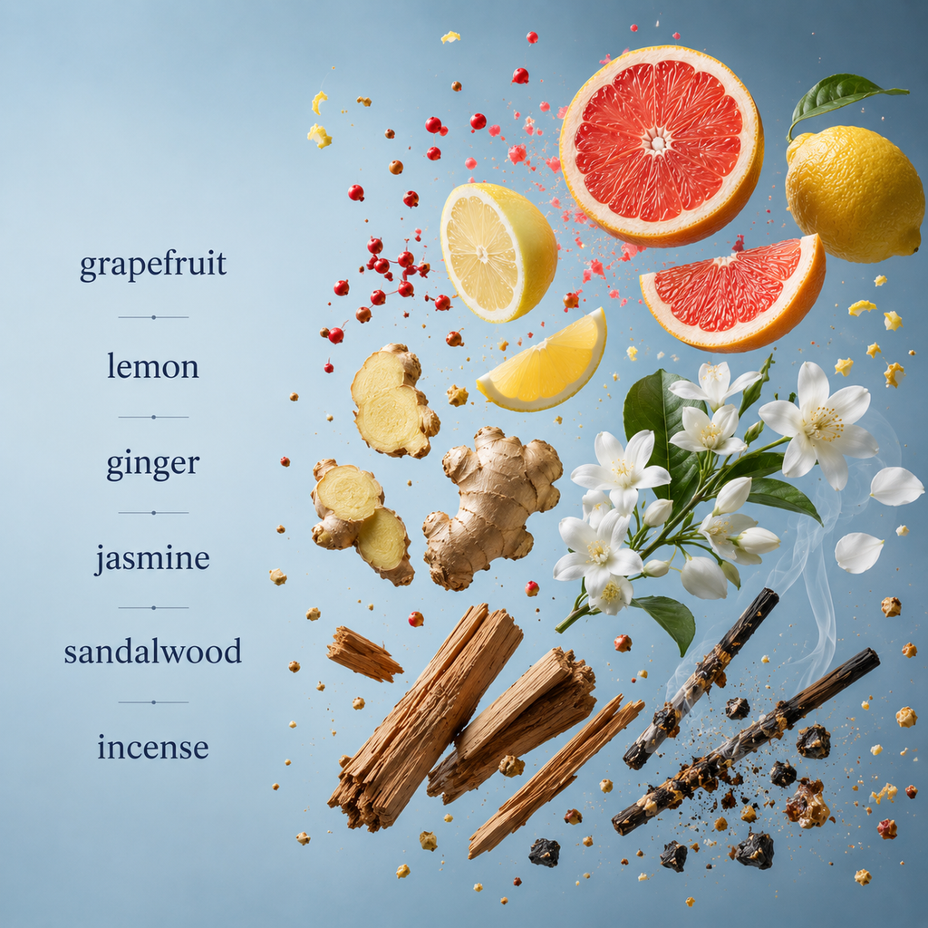 Scentience Mavrick extrait de parfum fragrance notes of grapefruit, lemon, ginger, jasmine, sandalwood, and incense displayed as a flatlay ingredient graphic on a soft blue background.