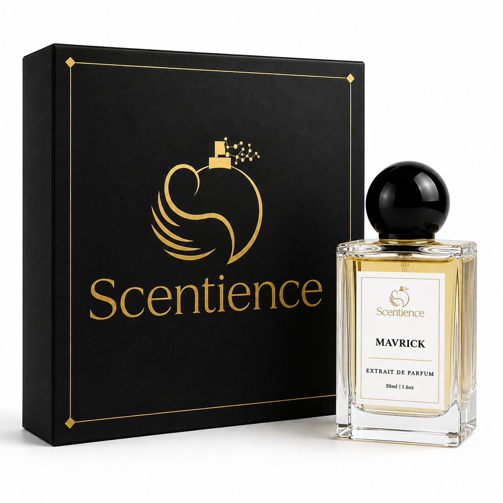 A bottle of Scentience Mavrick extrait de parfum displayed beside its black and gold branded gift box on a white background.
