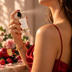 Woman in a red dress spraying Scentience perfume on her shoulder beside roses and cherries
