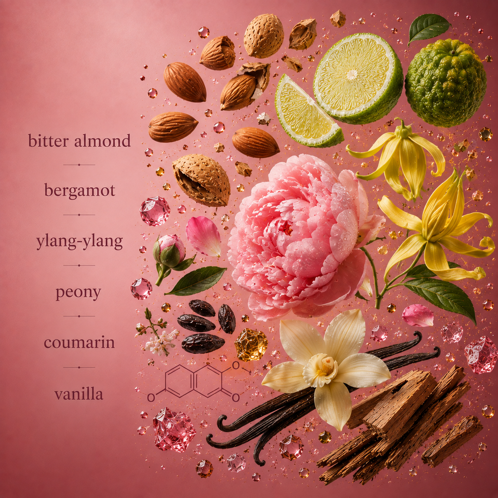 An ingredient flatlay for Scentience Pure Temptation extrait de parfum on a dusty rose background, showcasing the floral perfume's bitter almond, bergamot, ylang-ylang, peony, coumarin, and vanilla notes surrounded by matching botanicals.