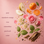 A flatlay of the fragrance notes behind Scentience Roselle extrait de parfum, including pear, mandarin orange, rose, osmanthus, patchouli, and cedar, arranged against a soft pink background.
