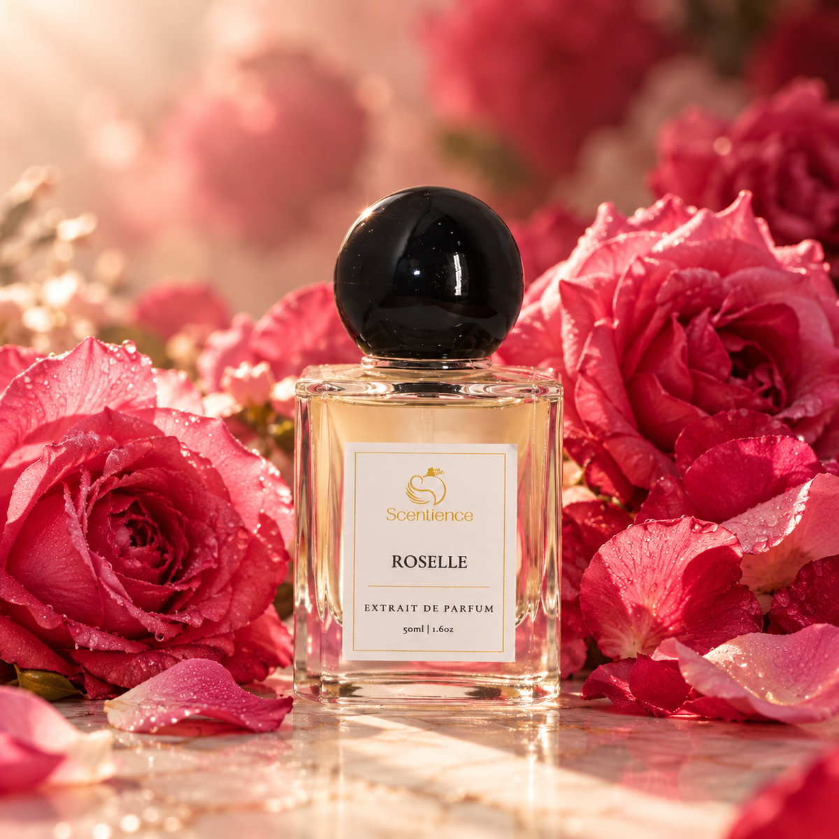 Scentience Roselle extrait de parfum 50ml bottle in a mood shot with pink roses with dewdrops
