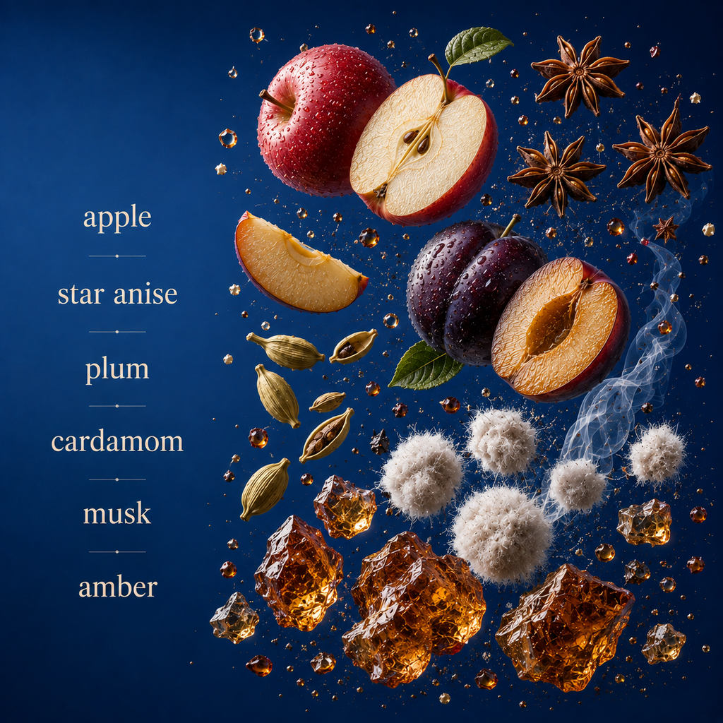 A flatlay of Scentience Sapphire Blue's apple, star anise, plum, cardamom, musk, and amber notes scattered over a deep blue background beside their fragrance labels.