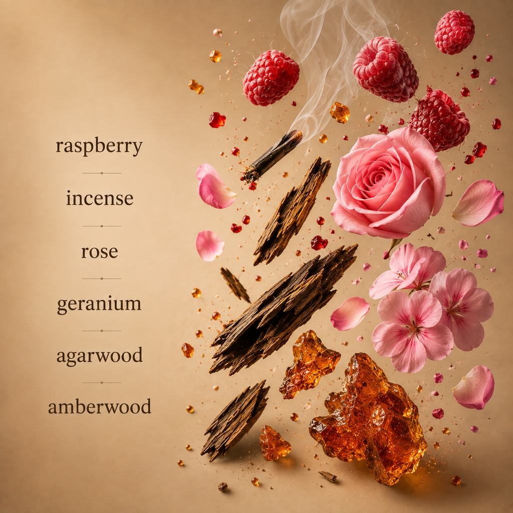 A flatlay of Scentience True Shadow's raspberry, rose, geranium, agarwood, and amberwood notes arranged over a tan background beside their fragrance labels.