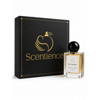 A bottle of Scentience True Shadow extrait de parfum displayed beside its black and gold branded gift box on a white background.