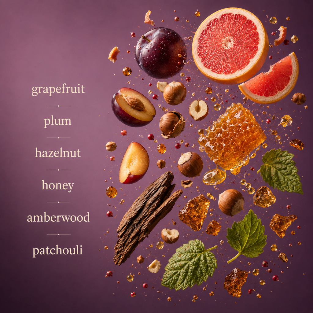 A flatlay of the fragrance notes behind Scentience Velvet Plum extrait de parfum, including grapefruit, plum, hazelnut, honey, amberwood, and patchouli, arranged against a deep plum background.