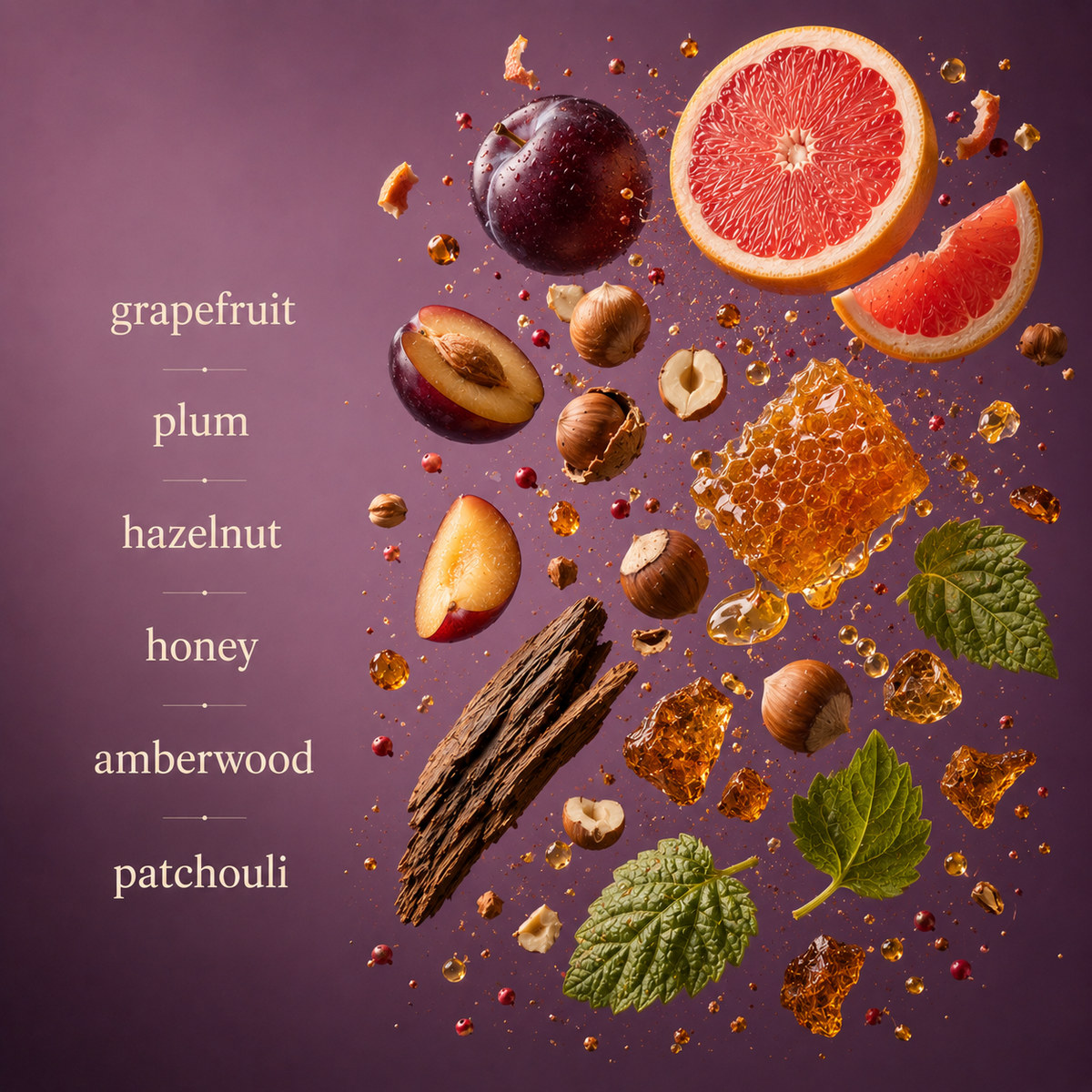 A flatlay of the fragrance notes behind Scentience Velvet Plum extrait de parfum, including grapefruit, plum, hazelnut, honey, amberwood, and patchouli, arranged against a deep plum background.